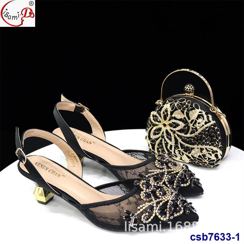 High-Heeled Large Flash Diamond Carved Elastic Sandals With Party Handbag Suit Shoes And Bag Set - Image 3
